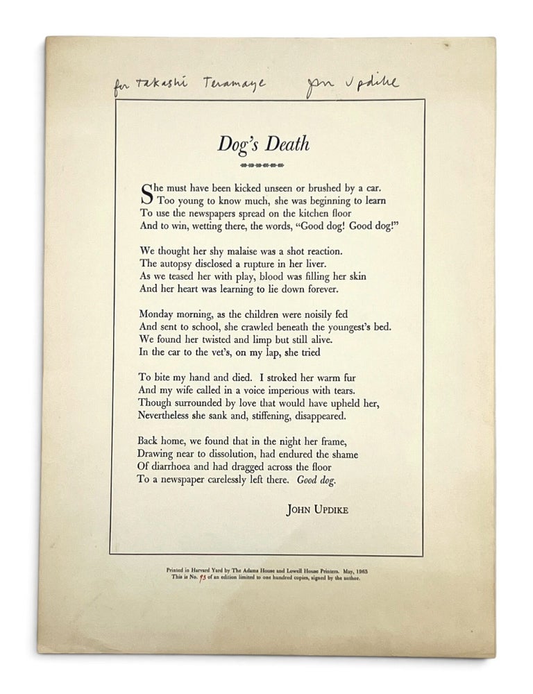Item #11538 [Broadside] Dog's Death. John Updike.