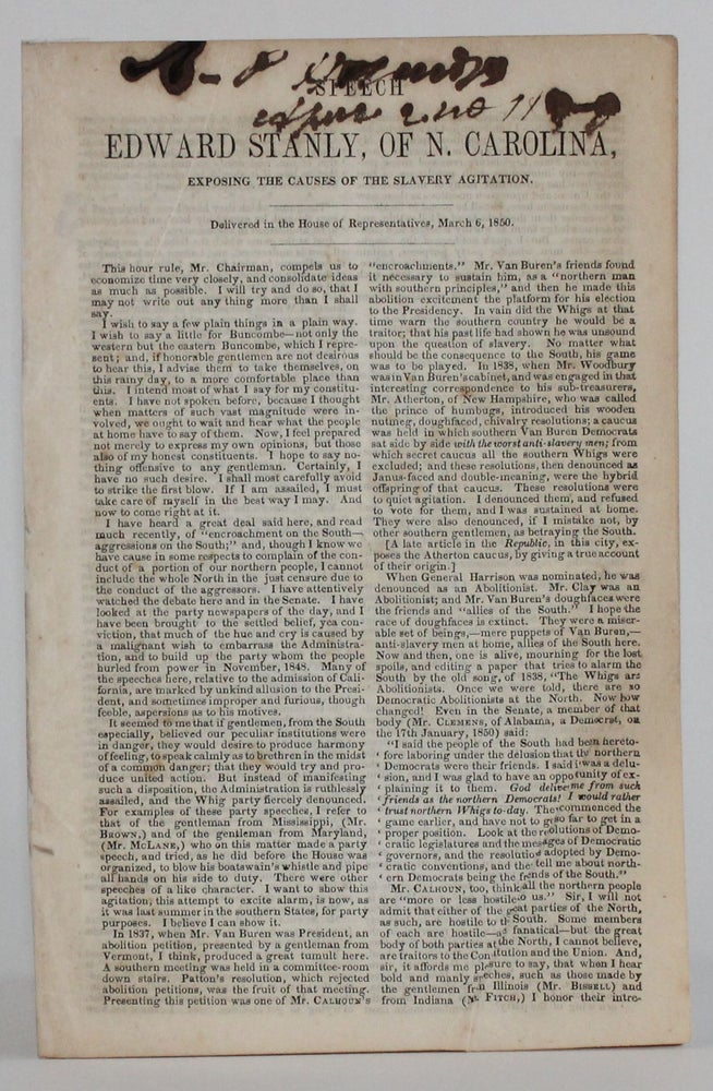 Item #5970 drop-title | SPEECH OF EDWARD STANLY, OF N. CAROLINA, Exposing the Causes of the Slavery Agitation. Delivered in the House of Representatives, March 6, 1850. Edward Stanly.