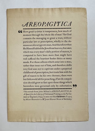 Broadside] AREOPAGITICA [and] TO THE PRESIDENT OF THE UNITED STATES. John Milton.