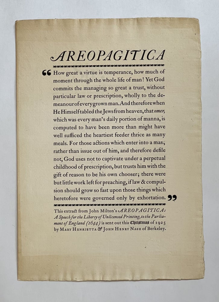 Item #7531 [Broadside] AREOPAGITICA [and] TO THE PRESIDENT OF THE UNITED STATES. John Milton.