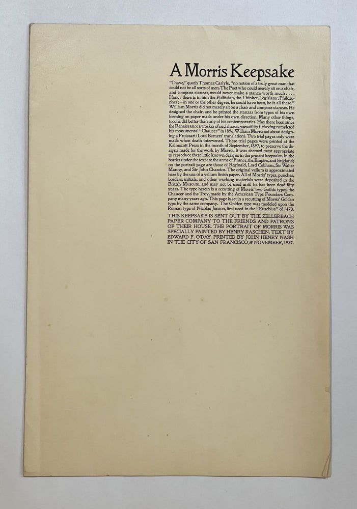 Item #7534 [Kelmscott Press] A MORRIS KEEPSAKE. William Morris, Edward F. | O'Day, Henry Raschen.