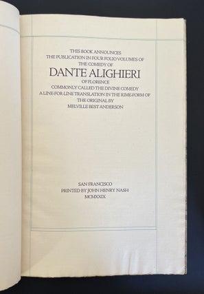 THIS BOOK ANNOUNCES THE PUBLICATION IN FOUR FOLIO VOLUMES OF THE COMEDY OF DANTE ALIGHIERI OF FLORENCE, COMMONLY CALLED THE DIVINE COMEDY. . . . (Prospectus)