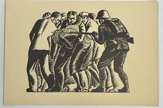Item #8422 [Linocut of a Soldier with Rifle and Bayonette Prodding People Forward]. Giacomo Patri